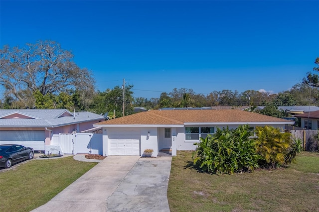 ranch-style home featuring stucco siding, concrete driveway, an attached garage, a gate, and a front lawn