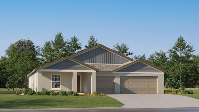 view of front facade with an attached garage, concrete driveway, stucco siding, a front lawn, and board and batten siding