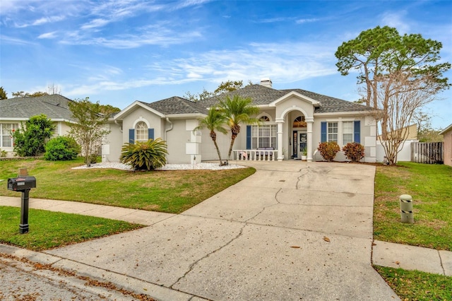 single story home featuring concrete driveway, an attached garage, fence, a front yard, and stucco siding