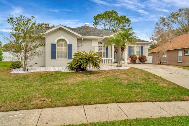 view of front of house featuring roof with shingles, driveway, a front lawn, and stucco siding