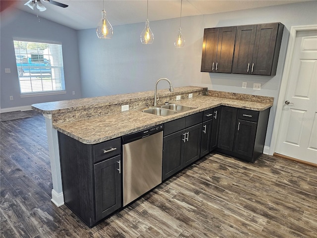 kitchen with lofted ceiling, a peninsula, dark wood-style flooring, a sink, and dishwasher