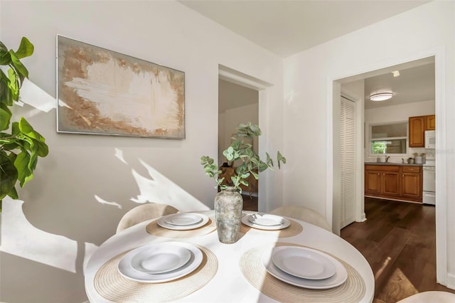 dining area with dark wood-style flooring