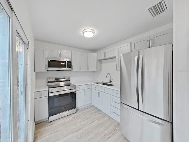 kitchen featuring light wood-style flooring, stainless steel appliances, a sink, visible vents, and light countertops