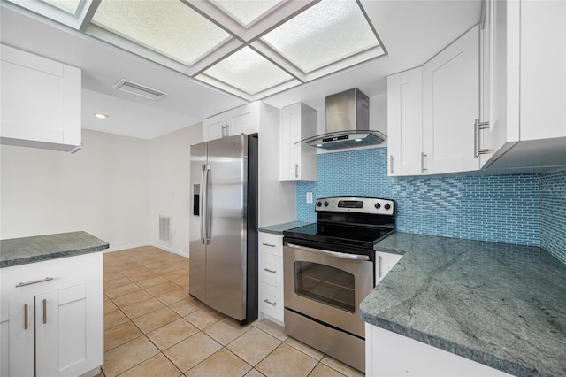 kitchen with visible vents, white cabinets, appliances with stainless steel finishes, backsplash, and wall chimney exhaust hood