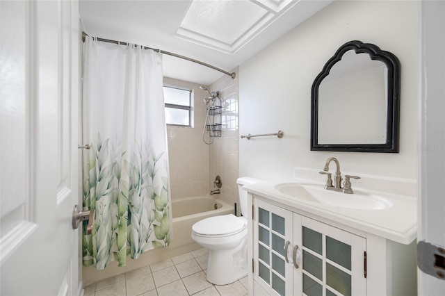 full bath featuring vanity, shower / bath combo, tile patterned flooring, and toilet