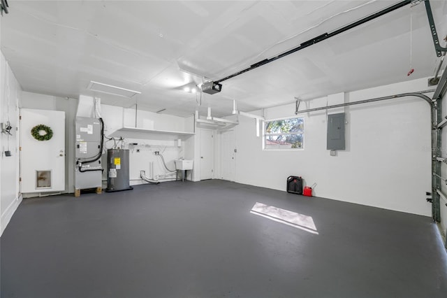 garage with heating unit, a sink, water heater, electric panel, and a garage door opener