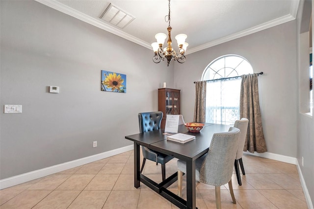 dining room featuring light tile patterned floors, ornamental molding, visible vents, and baseboards