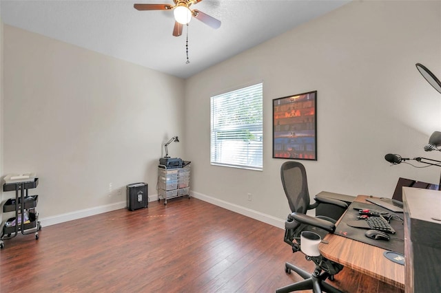 office with a ceiling fan, baseboards, and wood finished floors