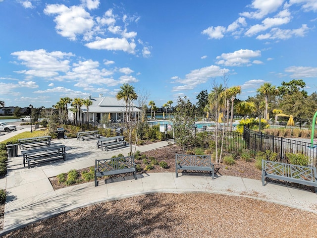 view of property's community featuring fence