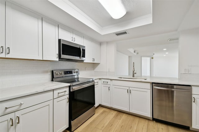 kitchen with visible vents, a sink, stainless steel appliances, light wood-style floors, and a raised ceiling