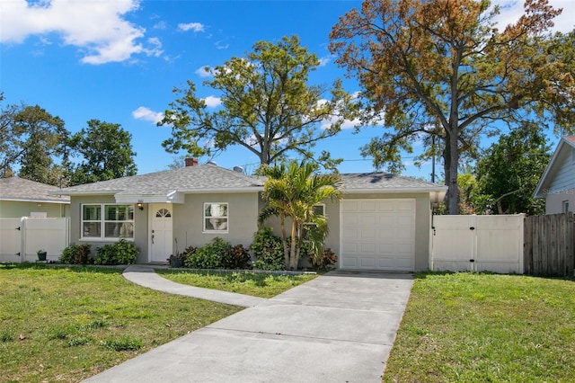 ranch-style house featuring concrete driveway, a front yard, stucco siding, a garage, and a gate