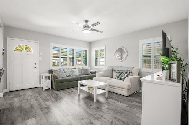 living area with wood finished floors and a ceiling fan