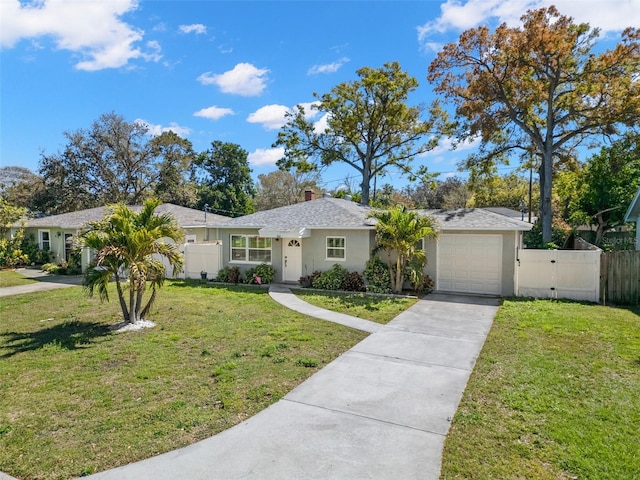 ranch-style home with concrete driveway, fence, a front lawn, and a gate