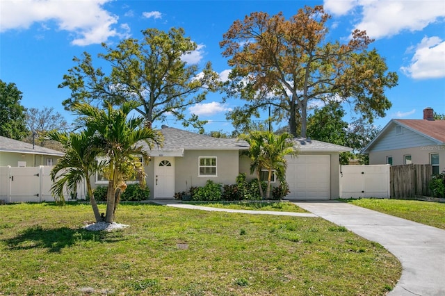 single story home with a front lawn, an attached garage, driveway, and a gate