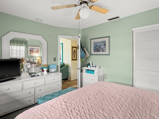 bedroom with a closet, visible vents, and ceiling fan