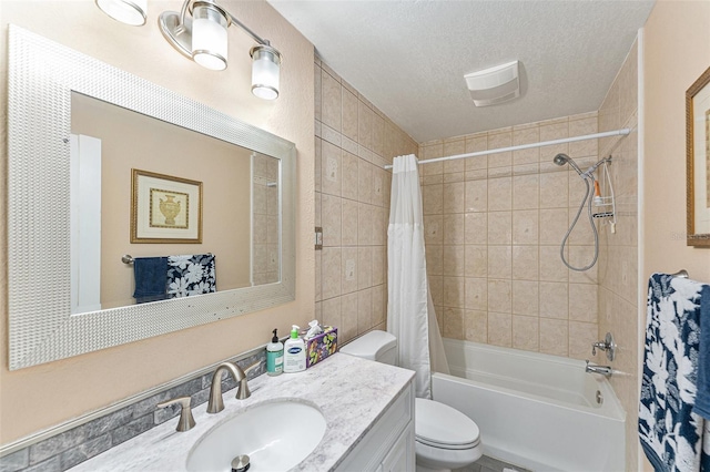 full bathroom with toilet, shower / tub combo, a textured ceiling, and vanity