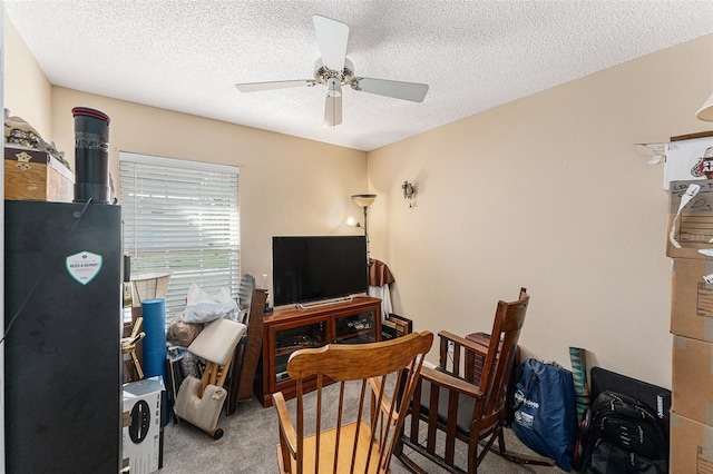 office space with ceiling fan, a textured ceiling, and carpet flooring