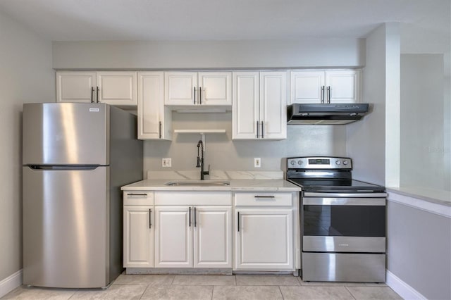 kitchen featuring white cabinets, a sink, light countertops, appliances with stainless steel finishes, and under cabinet range hood
