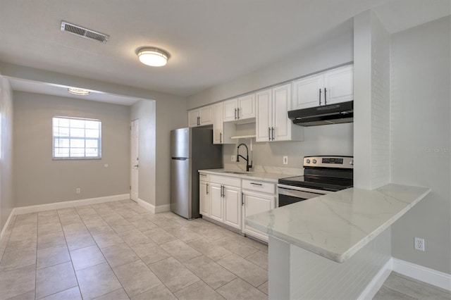 kitchen featuring light stone countertops, white cabinetry, visible vents, appliances with stainless steel finishes, and under cabinet range hood