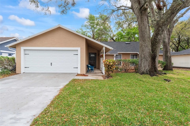 ranch-style house featuring a front yard, concrete driveway, an attached garage, and stucco siding