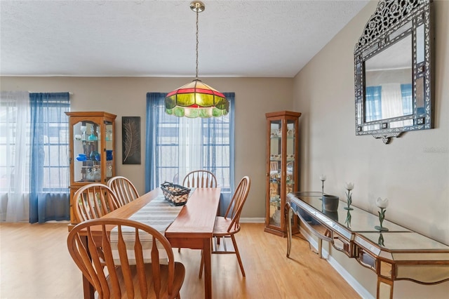 dining room featuring light wood-style floors, a textured ceiling, and baseboards