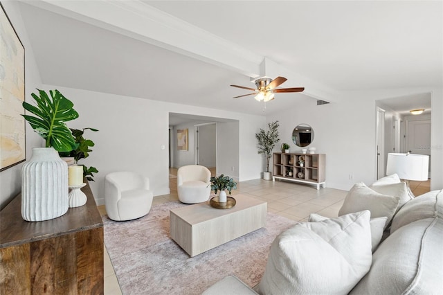 tiled living room featuring lofted ceiling with beams, baseboards, visible vents, and a ceiling fan