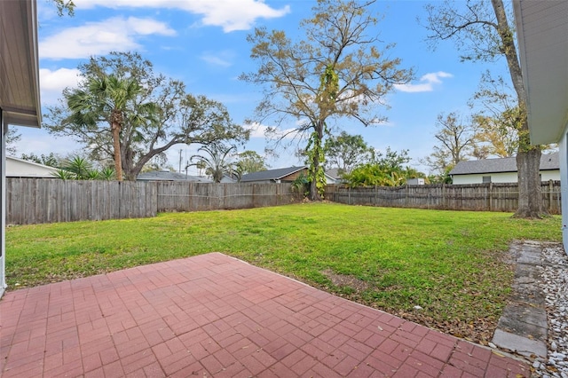 view of yard featuring a patio area and a fenced backyard