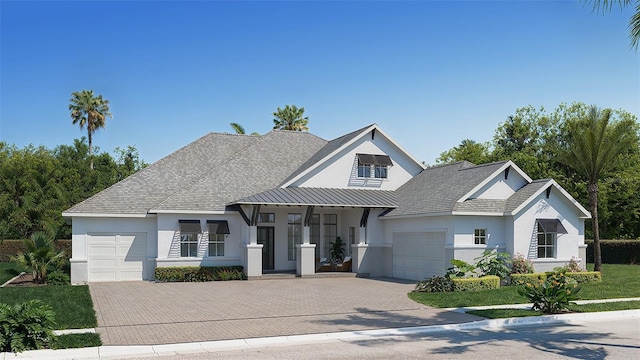 modern inspired farmhouse featuring metal roof, a garage, driveway, stucco siding, and a standing seam roof