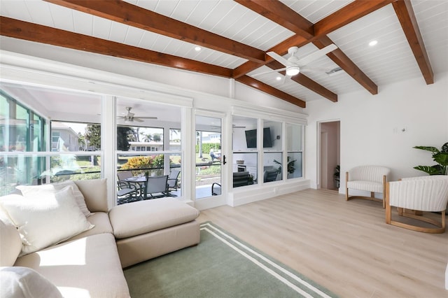 27150 Del Ln, Bonita Springs, FL 34135 - living room featuring vaulted ceiling with beams, wood finished floors, a sunroom, wood ceiling, and a ceiling fan