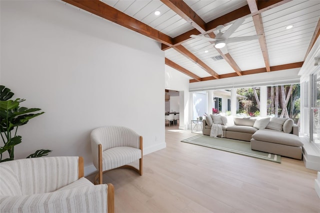 27150 Del Ln, Bonita Springs, FL 34135 - living area with visible vents, lofted ceiling with beams, light wood-style floors, a ceiling fan, and baseboards