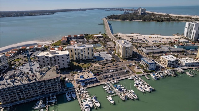 aerial view with a water view and a city view