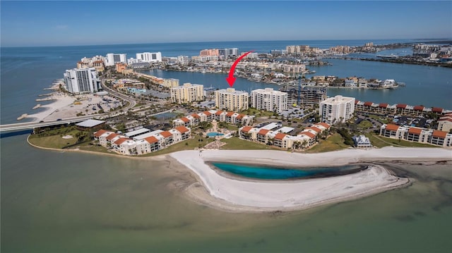 aerial view with a view of city and a water view