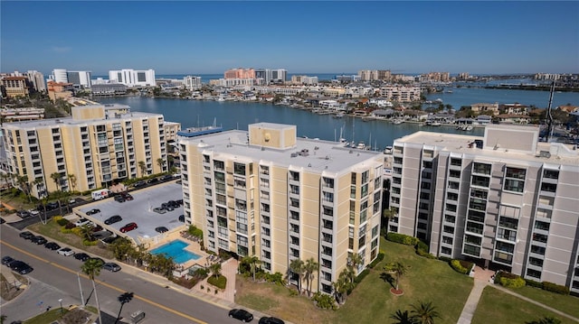 aerial view featuring a water view and a view of city