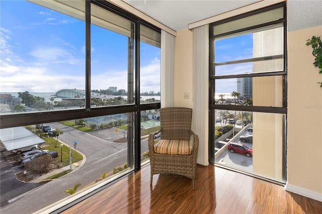 living area featuring a wall of windows, a city view, baseboards, and wood finished floors