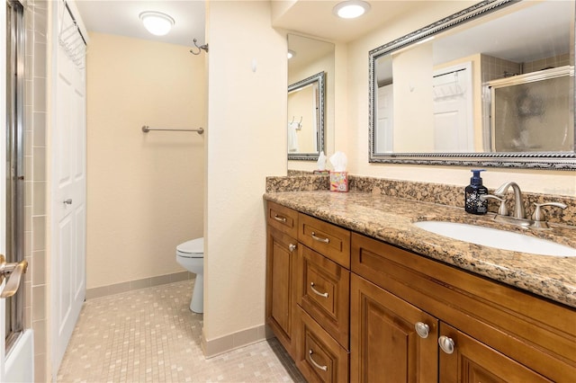 full bath with baseboards, toilet, a shower with door, tile patterned flooring, and vanity