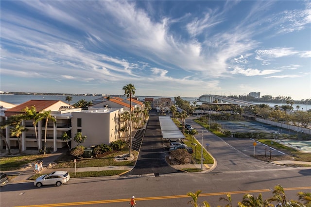 bird's eye view with a water view