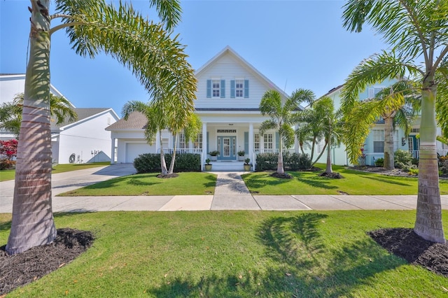 view of front of house with a garage, a porch, concrete driveway, and a front yard