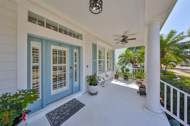 view of patio with a porch and a ceiling fan