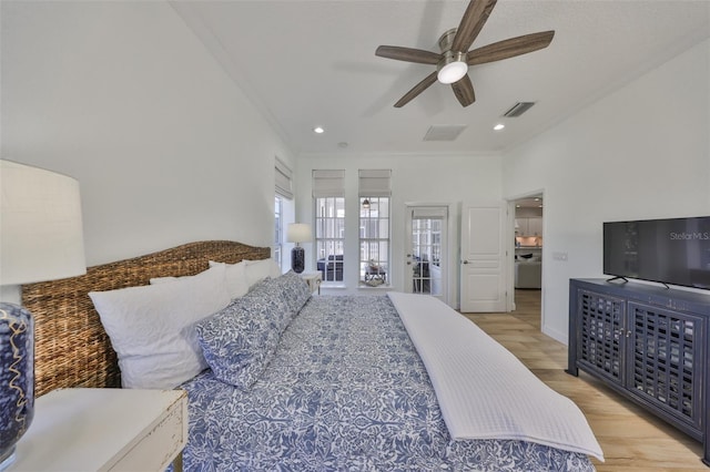 bedroom with recessed lighting, visible vents, ceiling fan, wood finished floors, and baseboards