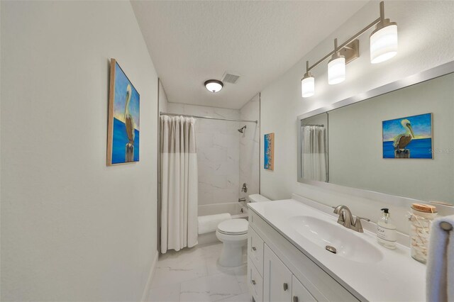 bathroom featuring marble finish floor, visible vents, toilet, a textured ceiling, and vanity