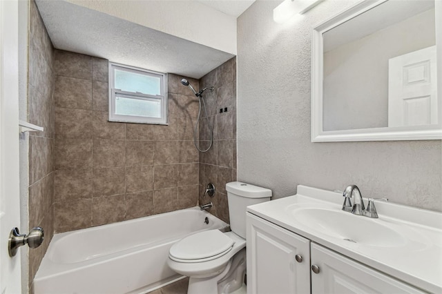 full bath with a textured ceiling, a textured wall, shower / tub combination, toilet, and vanity