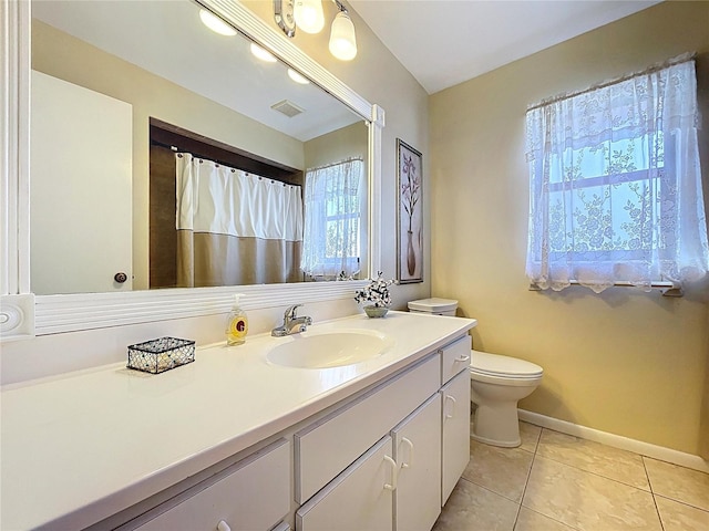 bathroom with tile patterned flooring, visible vents, baseboards, toilet, and vanity