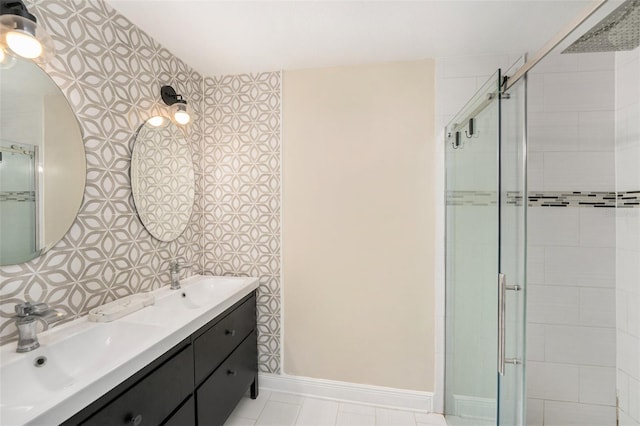 2519 Southern Oak Cir, Clearwater, FL 33764 - full bathroom with a stall shower, a sink, baseboards, and double vanity