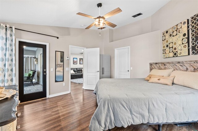 31123 Stone Arch Ave, Wesley Chapel, FL 33545 - bedroom with baseboards, visible vents, dark wood finished floors, a towering ceiling, and ceiling fan