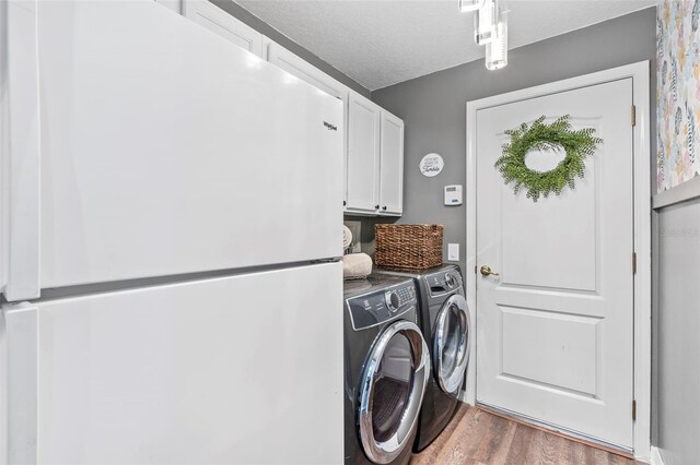 31123 Stone Arch Ave, Wesley Chapel, FL 33545 - laundry room with cabinet space, a textured ceiling, washing machine and clothes dryer, and wood finished floors