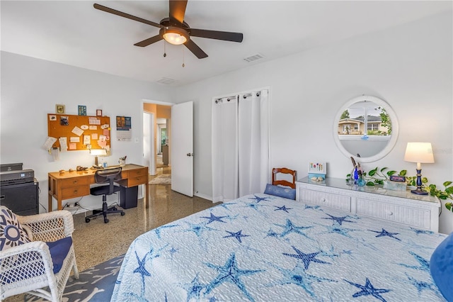 bedroom featuring visible vents, speckled floor, and ceiling fan