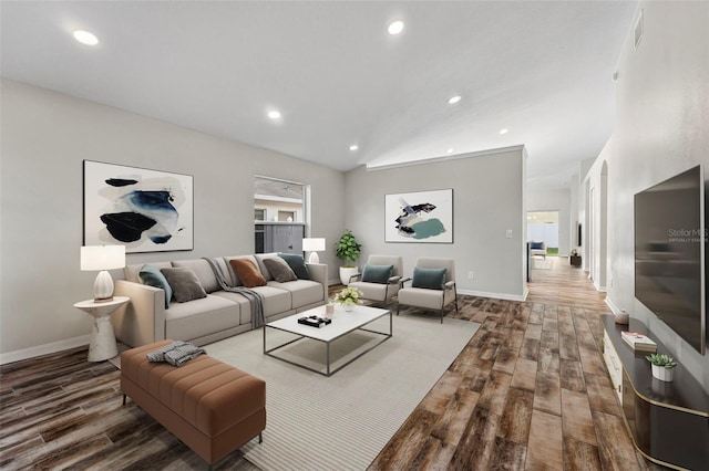 living room with vaulted ceiling, baseboards, wood finished floors, and recessed lighting