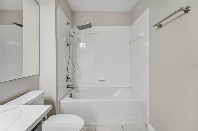 full bathroom featuring visible vents, toilet, shower / tub combination, tile patterned floors, and vanity