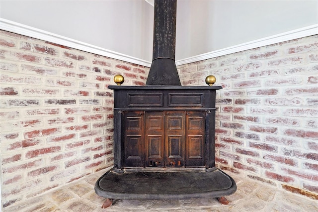 room details featuring a wood stove