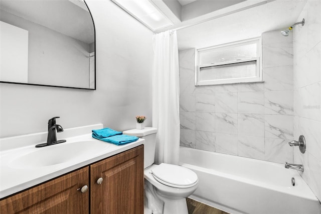 bathroom with shower / bath combination with curtain, vanity, toilet, and wood finished floors